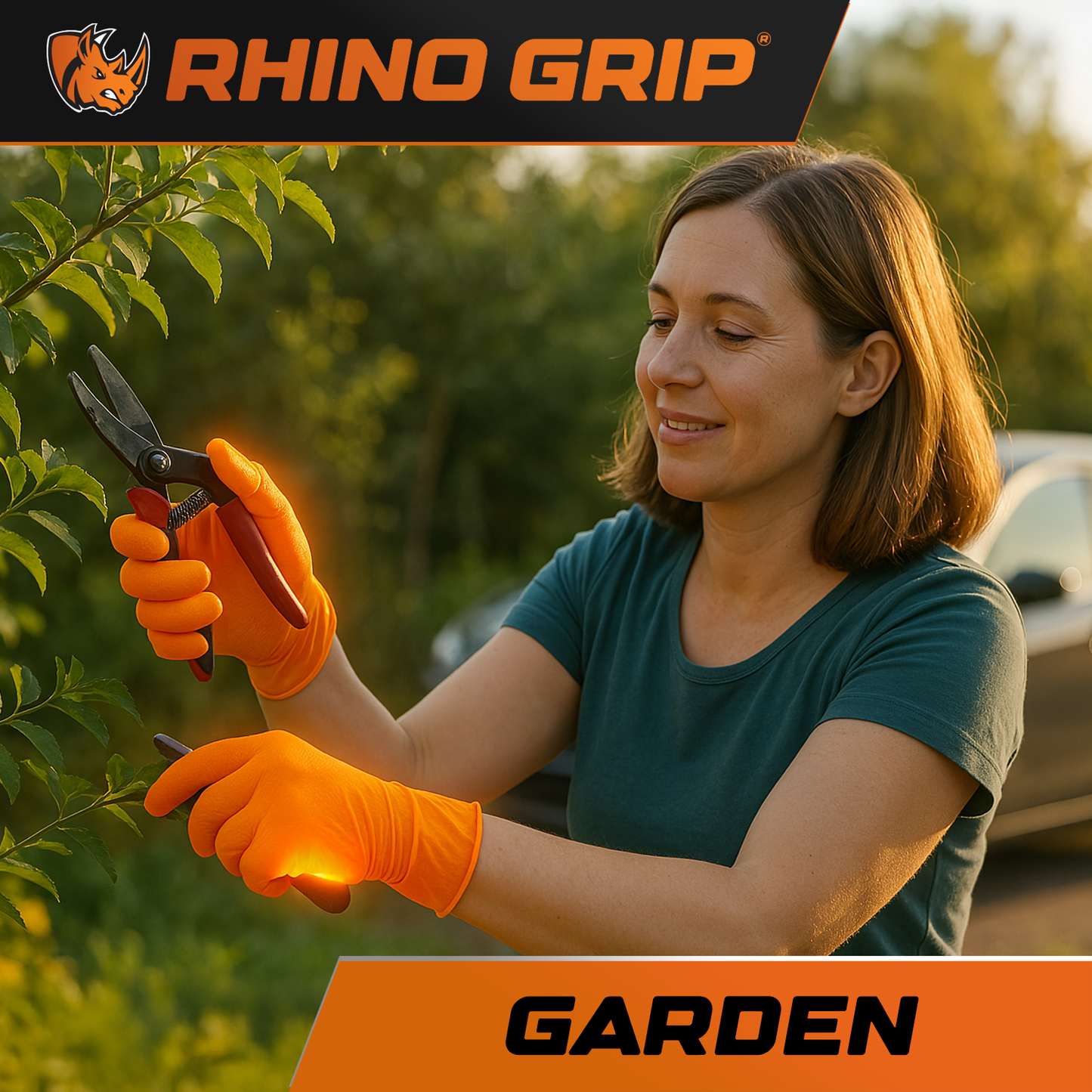 Person wearing Rhino Grip orange nitrile gloves while gardening – heavy duty disposable gloves for planting, pruning, and outdoor tasks