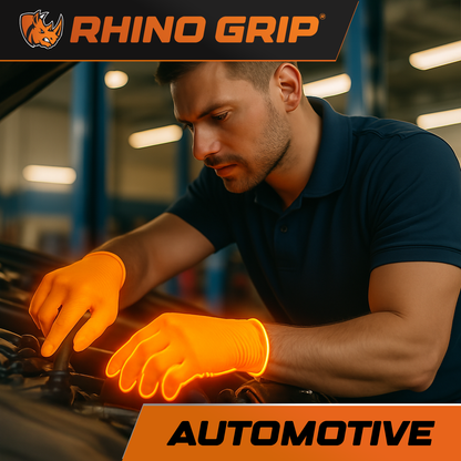 Hands wearing Rhino Grip orange nitrile gloves during car repair – high-visibility, chemical-resistant PPE gloves