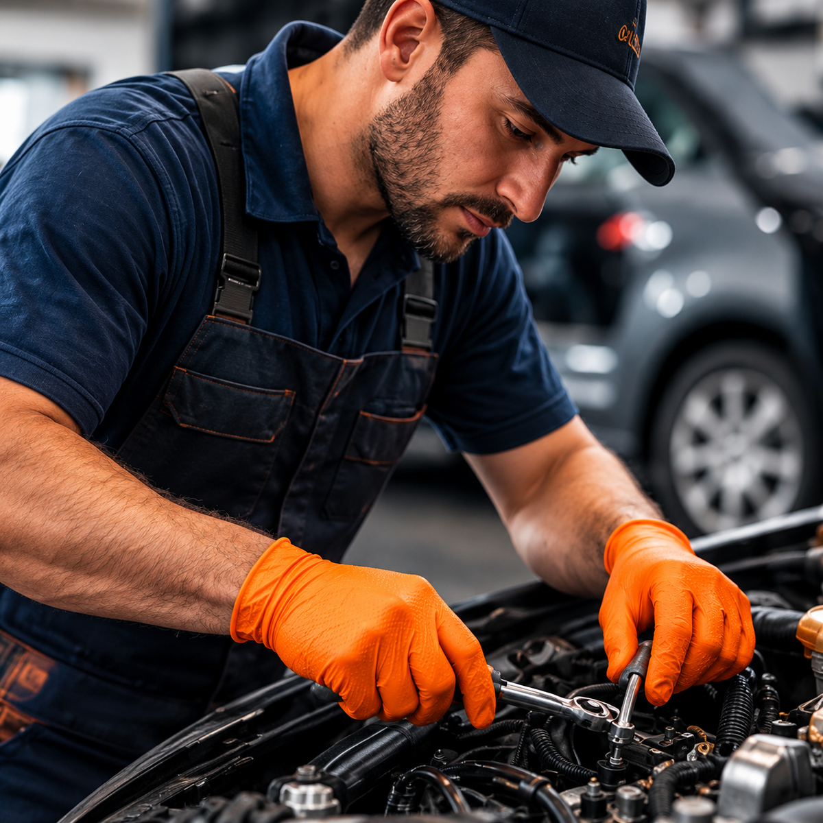 Mechanic wearing orange gloves working on a car