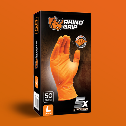 Box of Rhino Grip orange nitrile gloves – powder-free, latex-free, heavy duty disposable gloves for industrial use