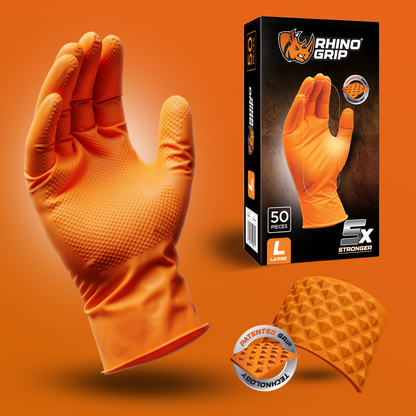 Close-up of Rhino Grip orange nitrile gloves showing diamond textured palm for enhanced grip in oily and wet conditions