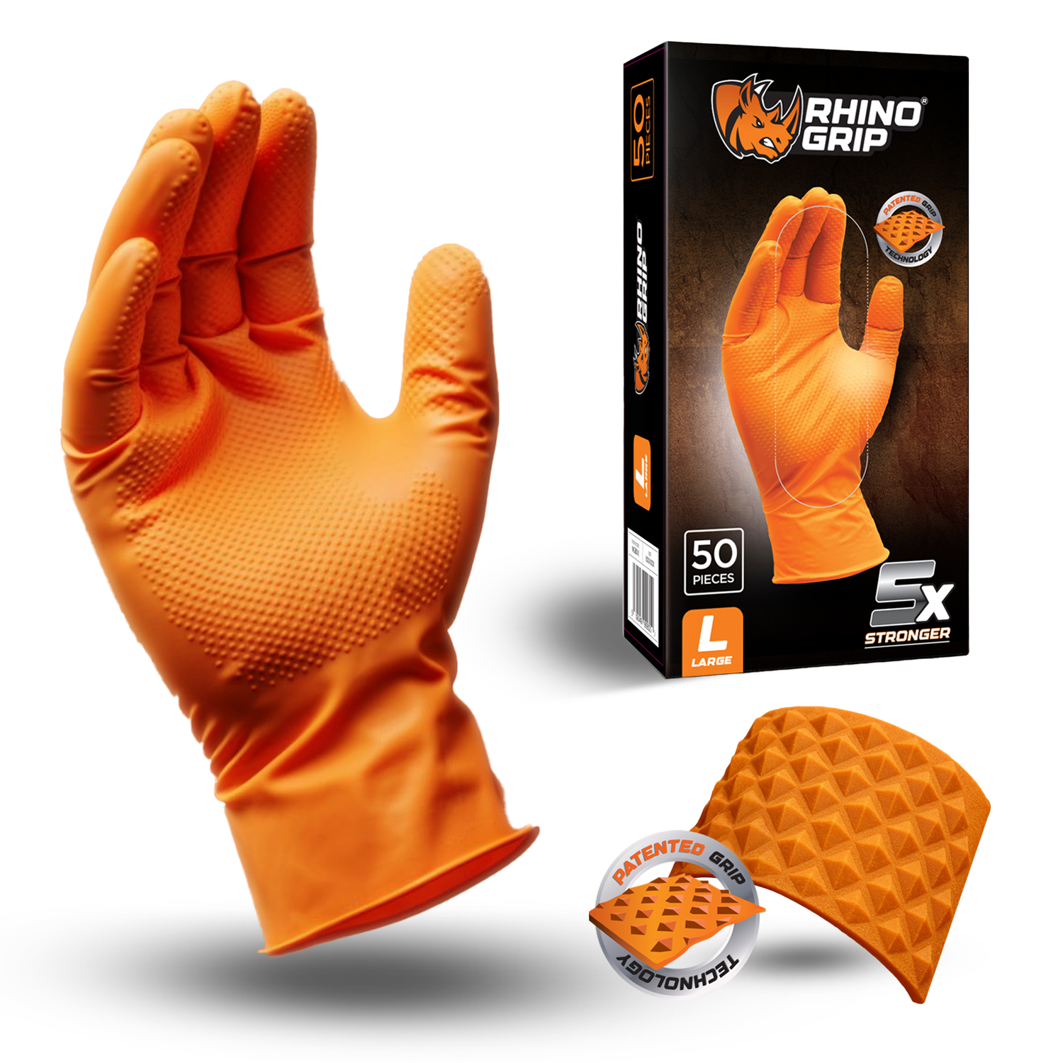 Rhino Grip orange nitrile gloves used for commercial cleaning – durable disposable gloves for janitorial and hygiene tasks