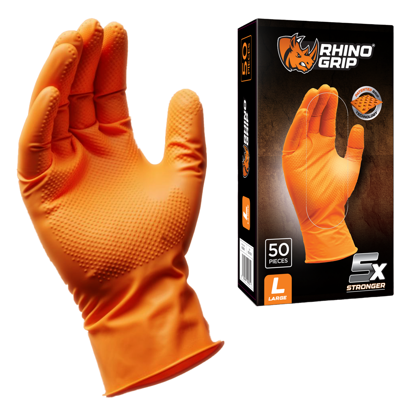 Rhino Grip orange nitrile gloves – heavy duty disposable gloves with diamond textured grip for mechanics, automotive, industrial, and chemical protection use