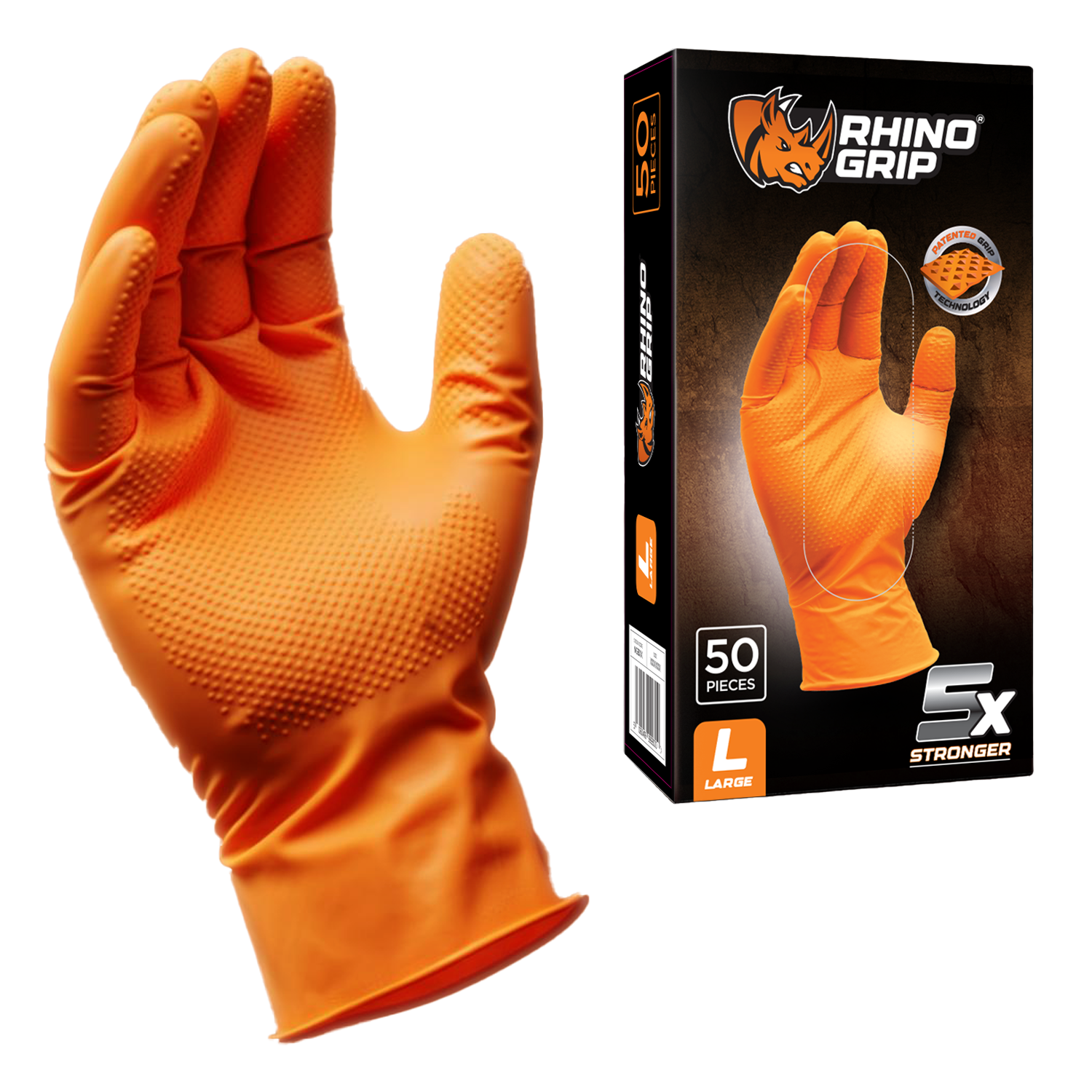 Rhino Grip orange nitrile gloves – heavy duty disposable gloves with diamond textured grip for mechanics, automotive, industrial, and chemical protection use