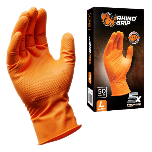 Rhino Grip orange nitrile gloves – heavy duty disposable gloves with diamond textured grip for mechanics, automotive, industrial, and chemical protection use